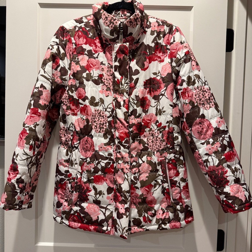 Romantic Floral Dennis Basso Quilted Puffer Jacket Pink Roses Small
